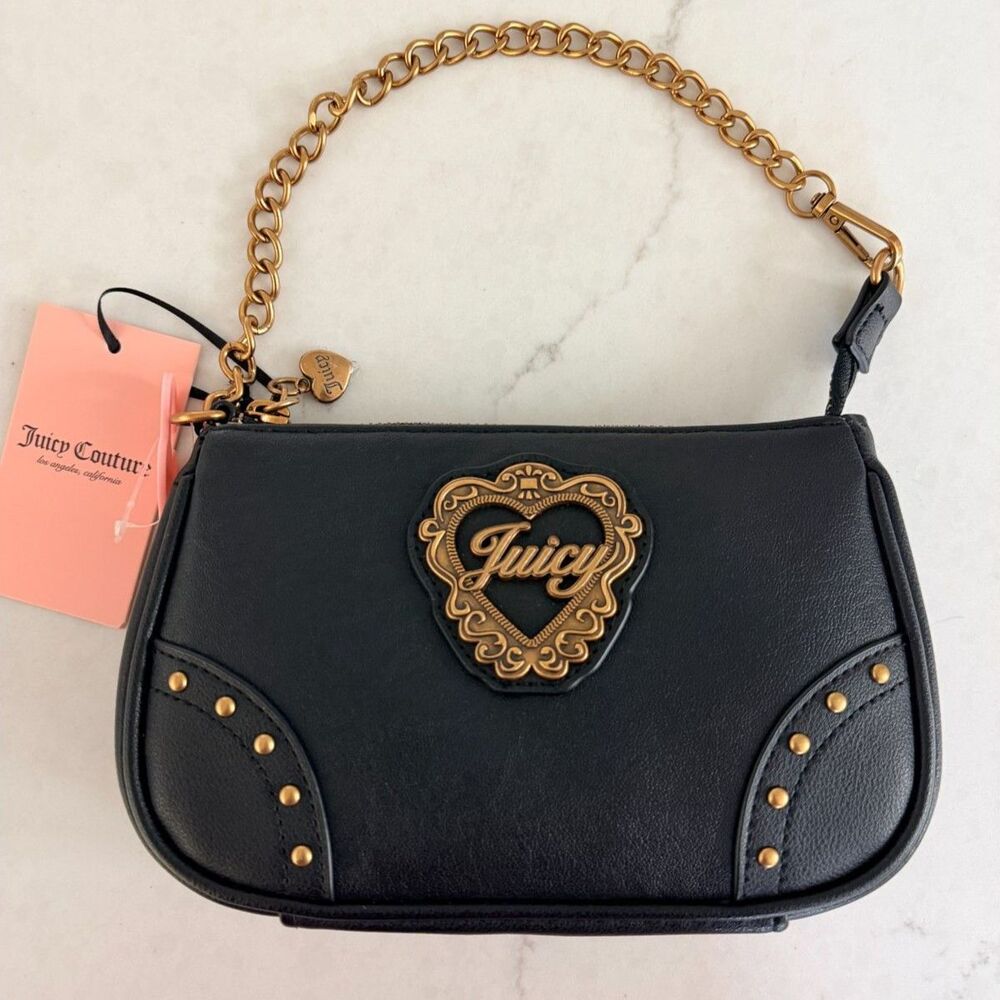 Juicy Couture Black Gold Heart Crest Studded Demi Shoulder Bag Wristlet NWT
